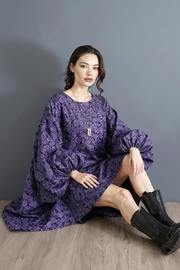Purple Floral Lantern Sleeve Asymmetrical Dress - Elegant Winter-Ready Design-SimpleModerne