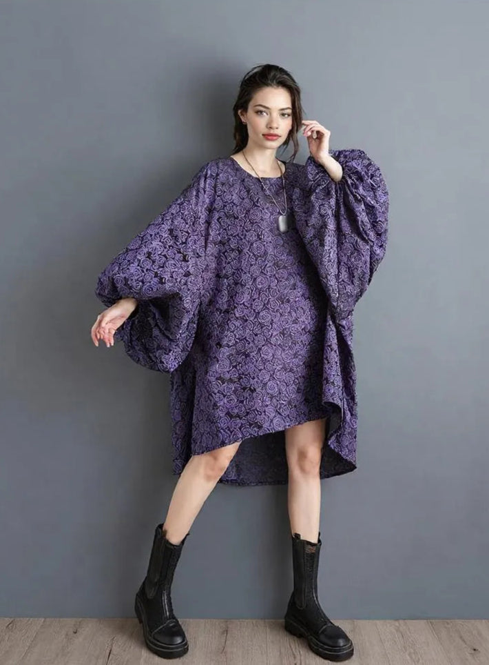purple winter dress Purple Floral Lantern Sleeve Asymmetrical Dress