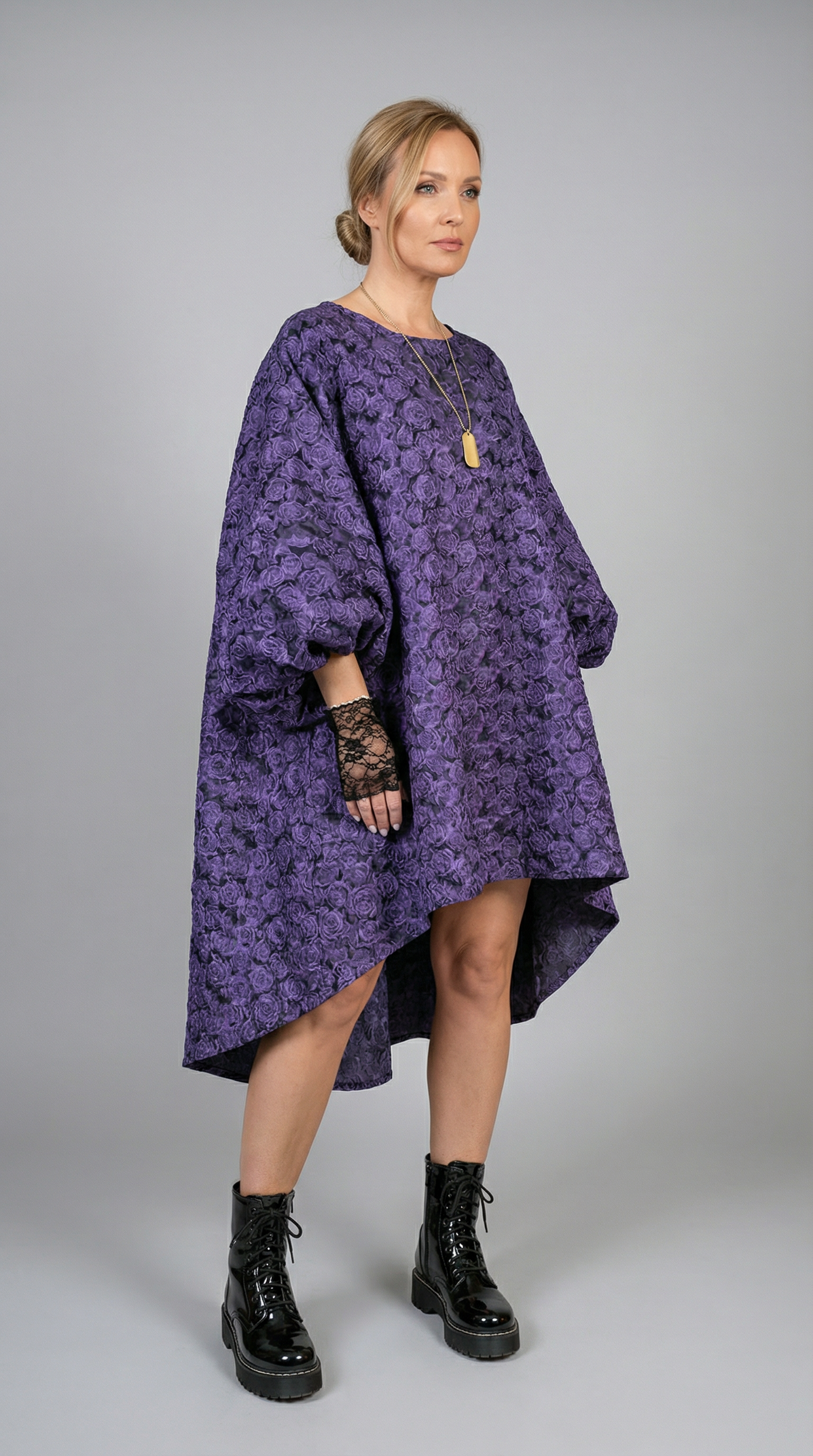 Purple Floral Lantern Sleeve Asymmetrical Dress - Elegant Winter-Ready Design-SimpleModerne