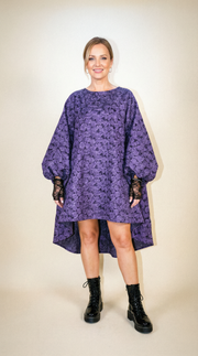 Purple Floral Lantern Sleeve Asymmetrical Dress - Elegant Winter-Ready Design-SimpleModerne