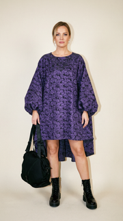 Purple Floral Lantern Sleeve Asymmetrical Dress - Elegant Winter-Ready Design-SimpleModerne