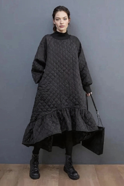 Quilted Winter Dress with Turtleneck and Knitted Cuffs - Warm and Stylish Mid-Calf Design-SimpleModerne