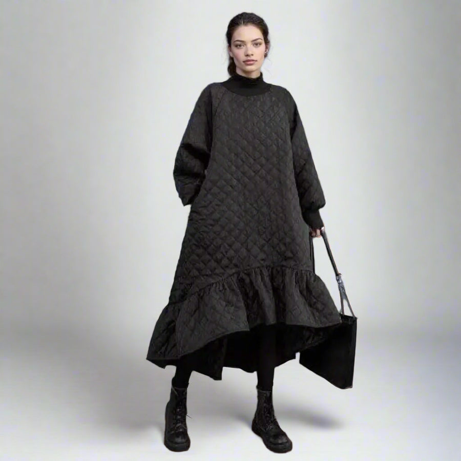 Quilted Winter Dress with Turtleneck and Knitted Cuffs - Warm and Stylish Mid-Calf Design-SimpleModerne