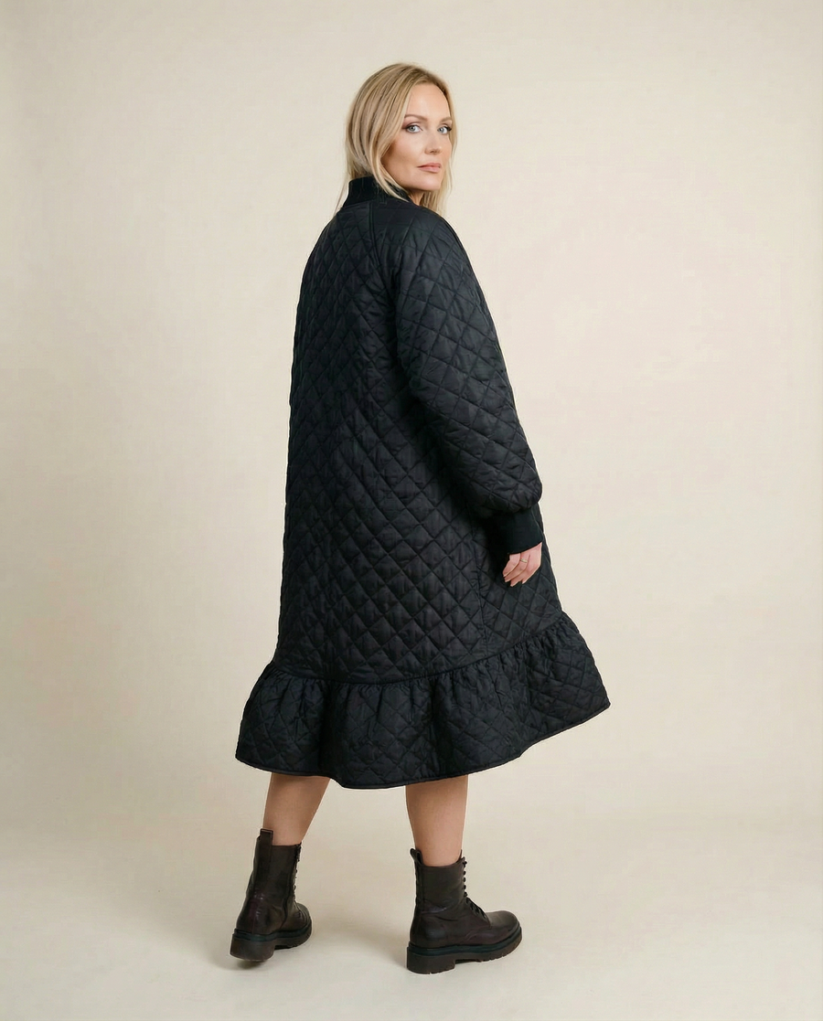 Quilted Winter Dress with Turtleneck and Knitted Cuffs - Warm and Stylish Mid-Calf Design-SimpleModerne