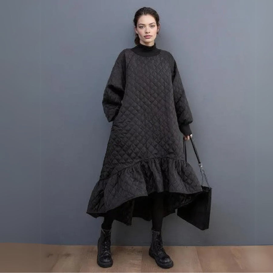 Quilted Winter Dress with Turtleneck and Knitted Cuffs - Warm and Stylish Mid-Calf Design-SimpleModerne