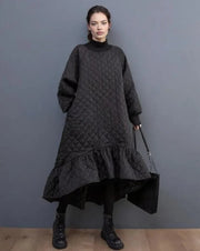 Quilted Winter Dress with Turtleneck and Knitted Cuffs - Warm and Stylish Mid-Calf Design-SimpleModerne