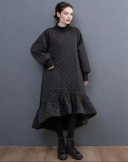 Quilted Winter Dress with Turtleneck and Knitted Cuffs - Warm and Stylish Mid-Calf Design-SimpleModerne
