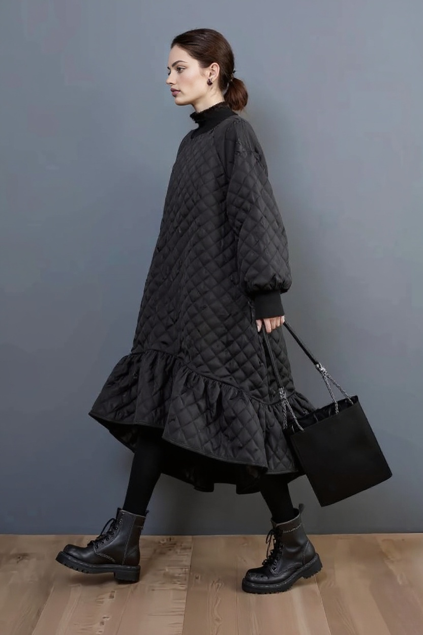 Quilted Winter Dress with Turtleneck and Knitted Cuffs - Warm and Stylish Mid-Calf Design-SimpleModerne