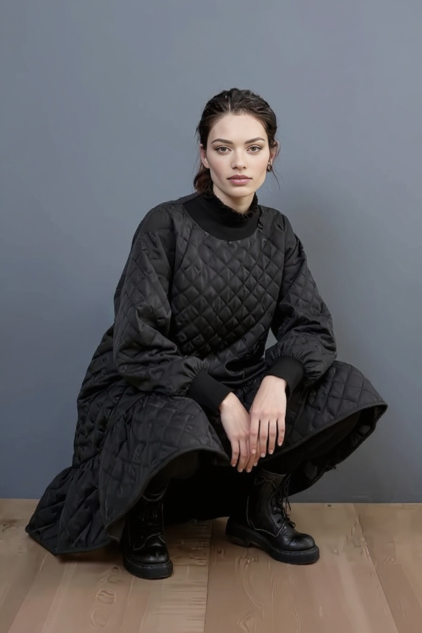Quilted Winter Dress with Turtleneck and Knitted Cuffs - Warm and Styl SimpleModerne Quilted Winter Dress with Turtleneck and Knitted Cuffs - Warm and Styl SimpleModerne