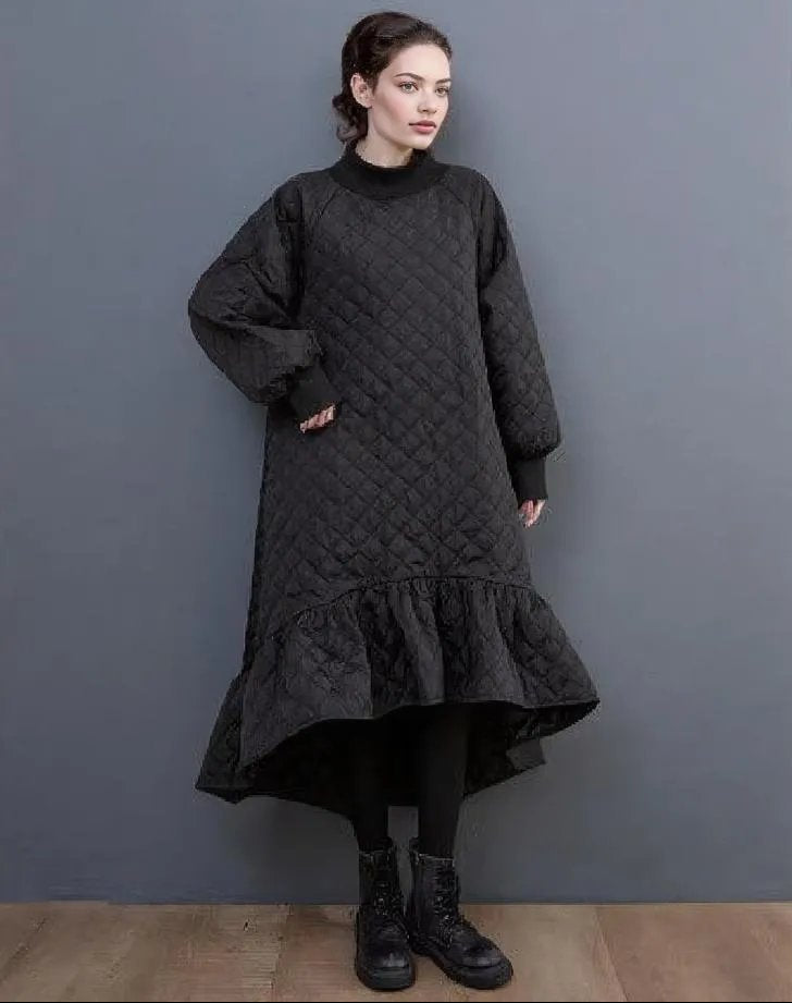 Quilted Winter Dress with Turtleneck and Knitted Cuffs - Warm and Stylish Mid-Calf Design-SimpleModerne