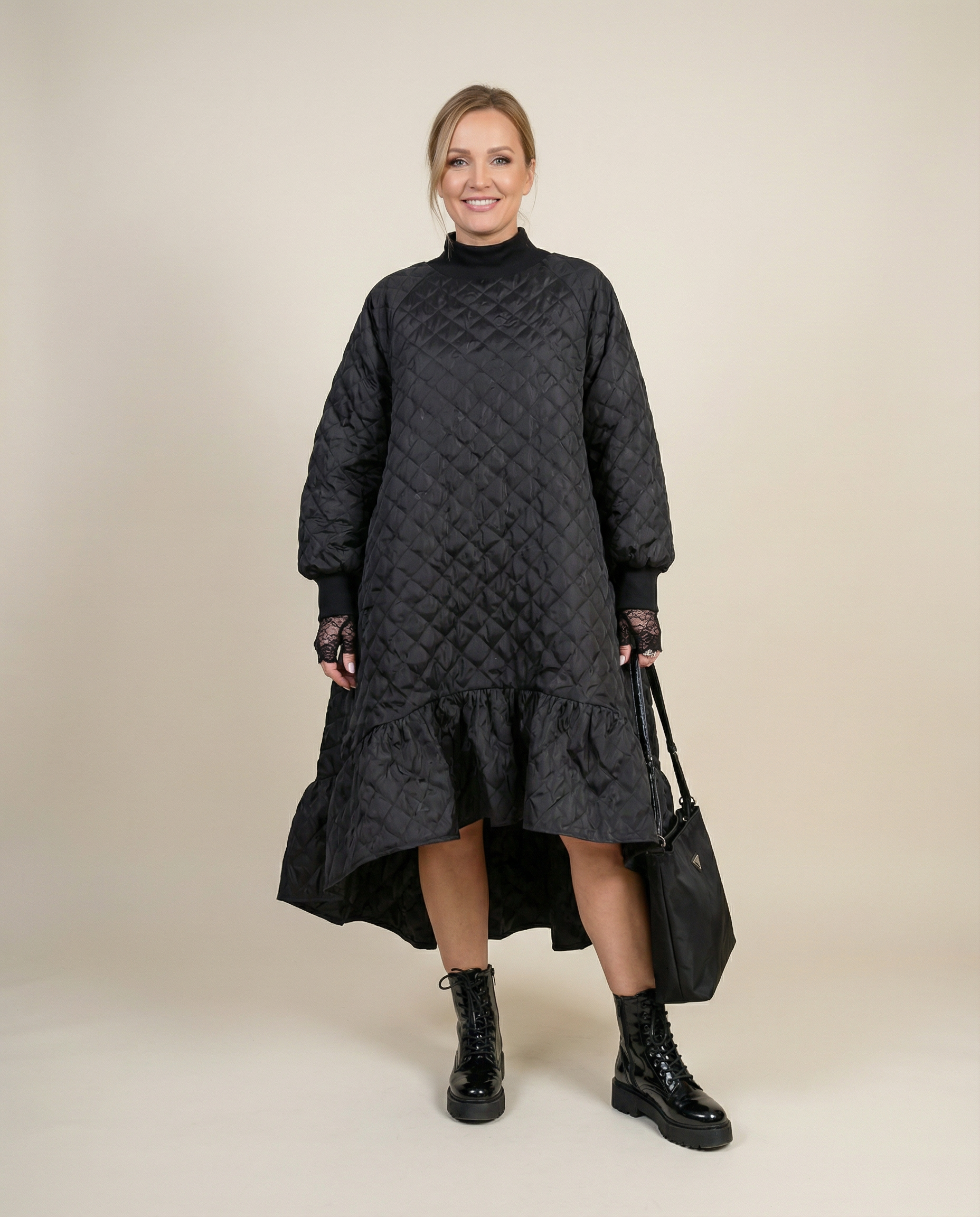 Quilted Winter Dress with Turtleneck and Knitted Cuffs - Warm and Stylish Mid-Calf Design-SimpleModerne