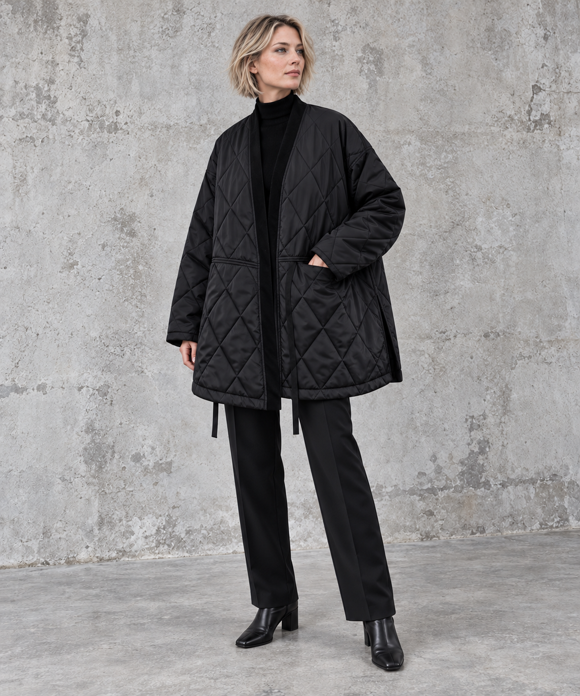 Black Oversized Quilted Longline Jacket-SimpleModerne