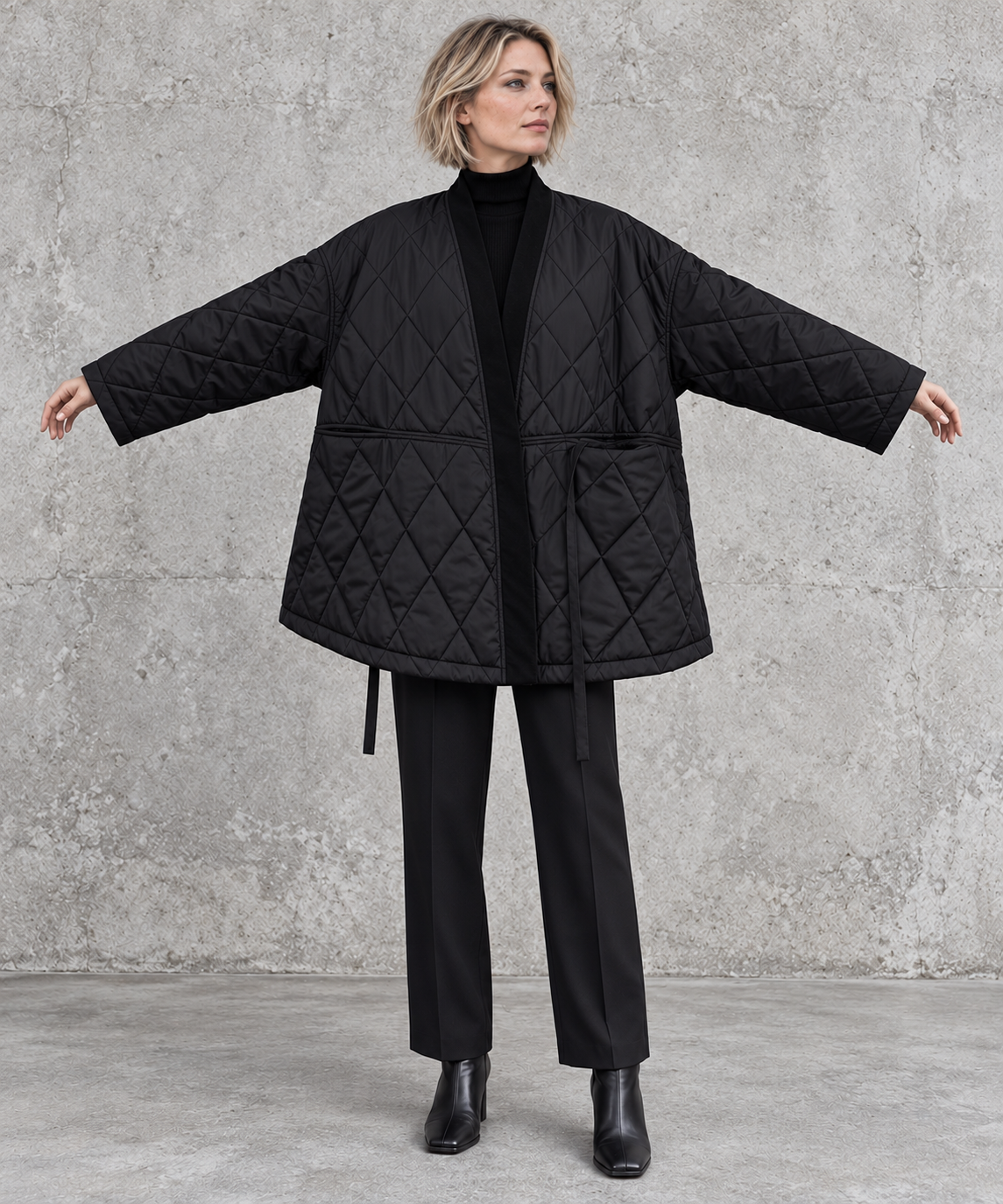 Black Oversized Quilted Longline Jacket-SimpleModerne
