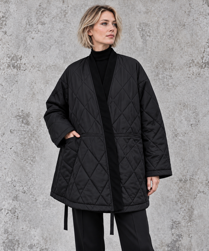 Black Oversized Quilted Longline Jacket-SimpleModerne