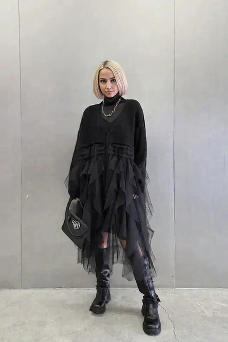 Minimalist Avant-Garde Draped Dress – Oversized Ruched Midi in Black