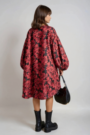 Red Floral Lantern Sleeve Asymmetrical Winter Dress – High-Low Pullover Style-SimpleModerne