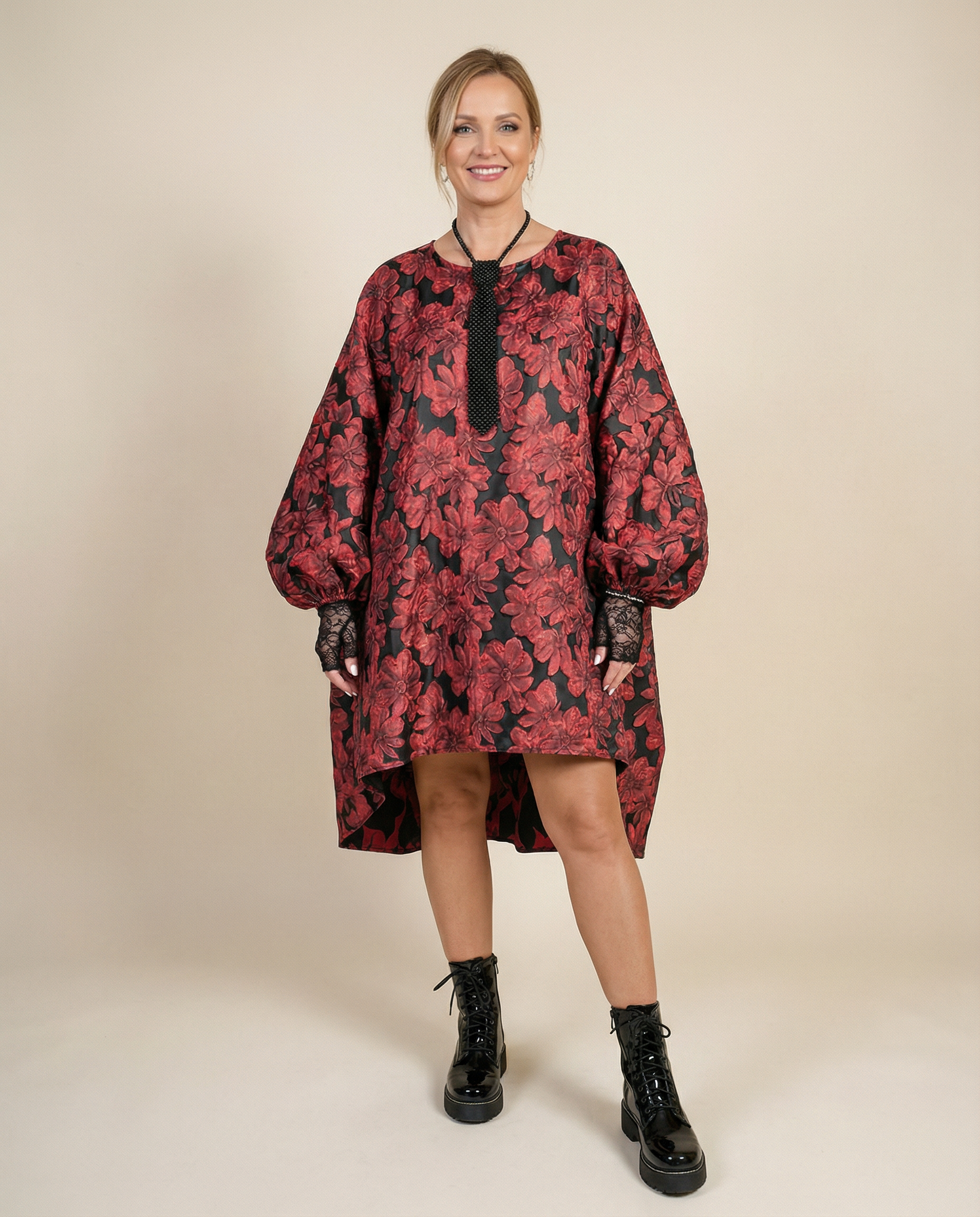 Red Floral Lantern Sleeve Asymmetrical Winter Dress – High-Low Pullover Style-SimpleModerne