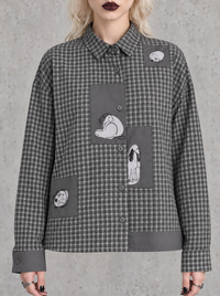 Grey Check Patchwork Shirt | Alternative Graphic Blouse-SimpleModerne