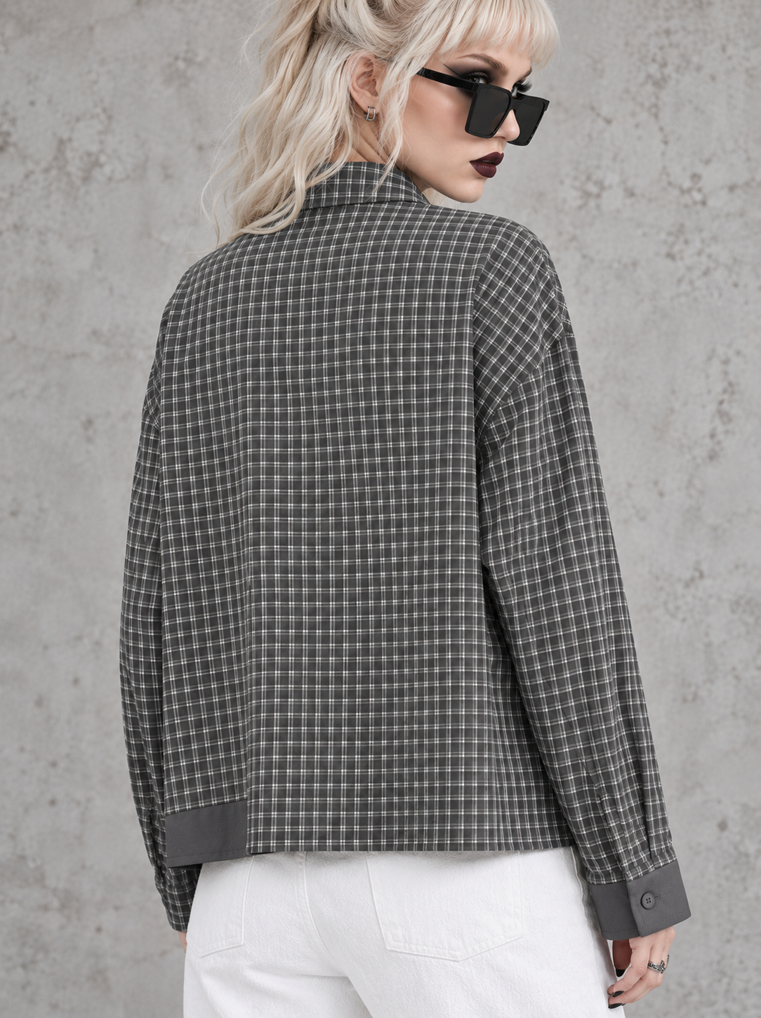 Grey Check Patchwork Shirt | Alternative Graphic Blouse-SimpleModerne