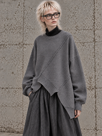 Grey Asymmetric Oversized Knitted Pullover-SimpleModerne