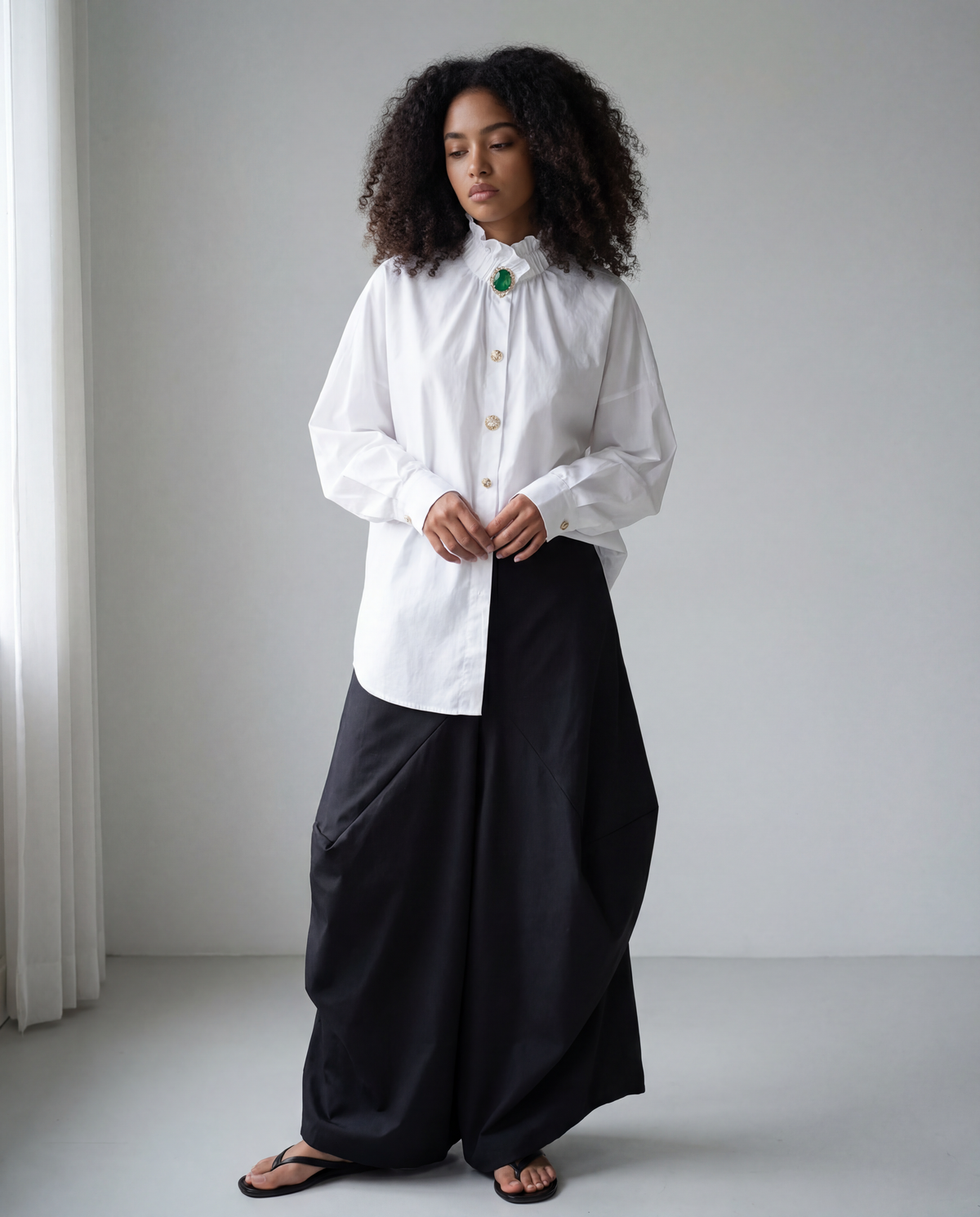 Ruffled Blouse with Decorative Buttons-SimpleModerne