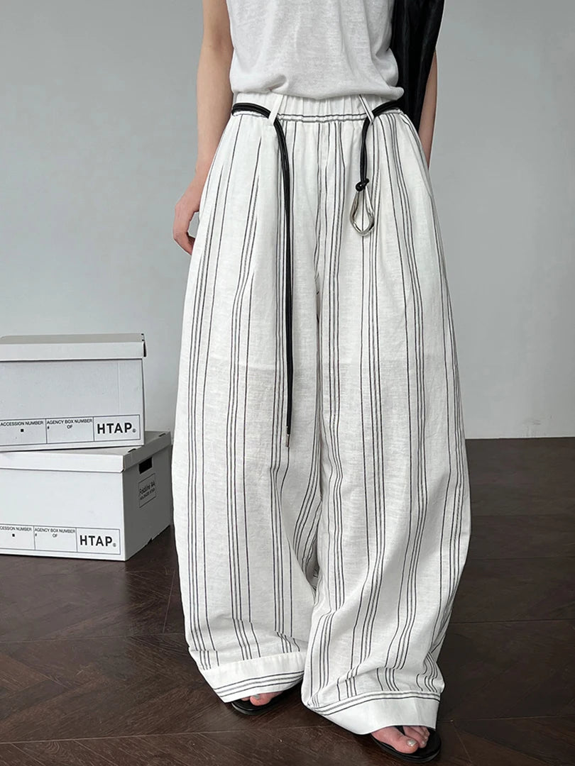 White Striped Wide-Leg Trousers – Cotton Linen Blend with Belt Detail-SimpleModerne