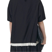 Black & Cream Contrast Button-Up Blouse – Patchwork Trim with Raw Edges-SimpleModerne