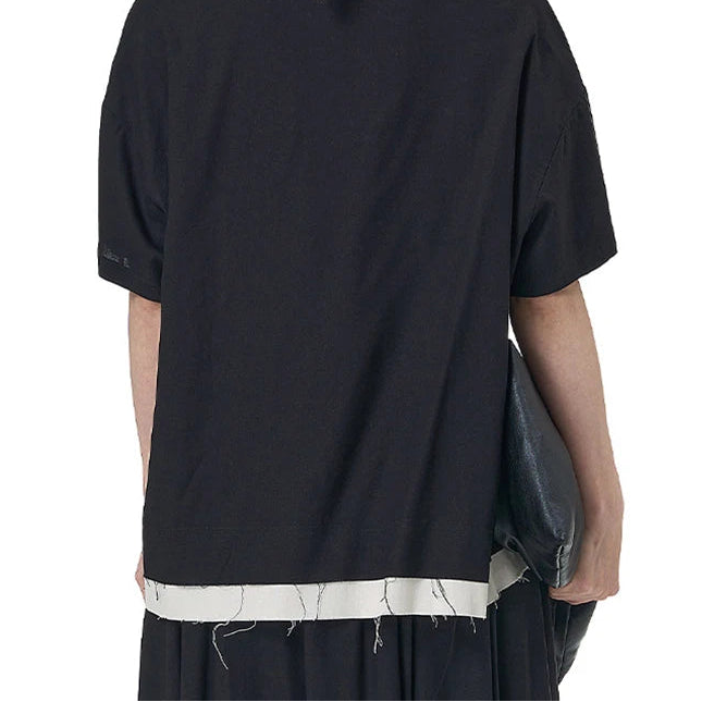 Black & Cream Contrast Button-Up Blouse – Patchwork Trim with Raw Edges-SimpleModerne