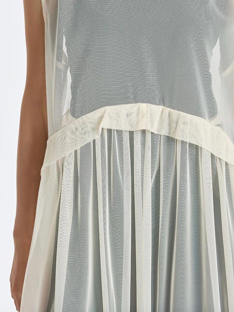 Sheer Layered Overlay Dress – Minimal Ethereal Goth Sleeveless Tulle Dress in Soft Ivory