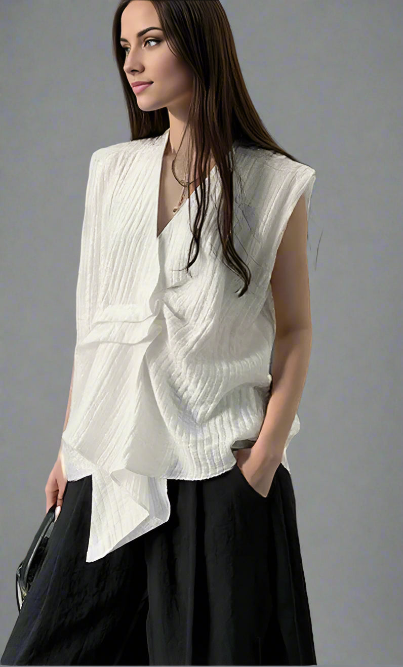 Jazzed-Up Texture Blouse – Asymmetrical Draped Statement Top-SimpleModerne