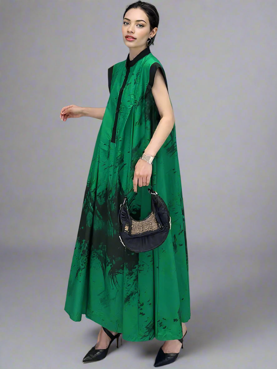 Green Tie-Dye Sleeveless Maxi Dress-SimpleModerne