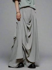 Draped Layered Wide-Leg Trousers – Soft Lightweight Fabric in Mist Grey & Black-SimpleModerne