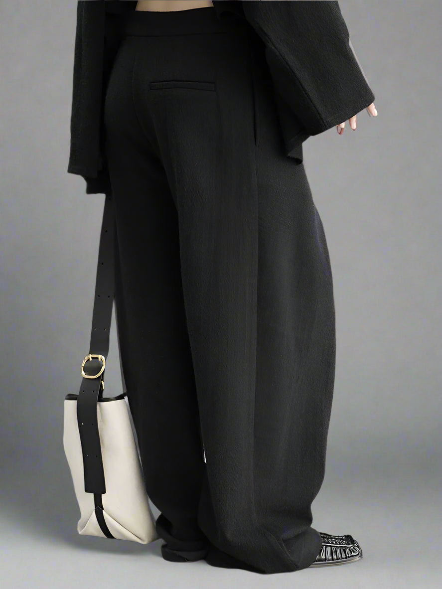Asymmetrical Draped Black Trousers – Wide-Leg Knit Pants with Belted Detail