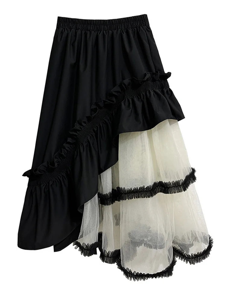 Asymmetrical Tulle Layer Minimal Goth Skirt – Black & Ivory-SimpleModerne