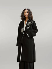 Casual Minimal Goth Kimono Style Coat with Japanese Embroidery-SimpleModerne