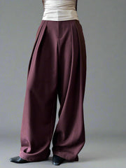 Sculpted Drape Wide-Leg Trousers – Gray or Wine Red-SimpleModerne