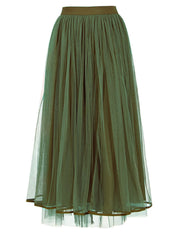 Elegant Olive Green Tulle Skirt with Elasticated Waist – Mid-Calf Length-SimpleModerne