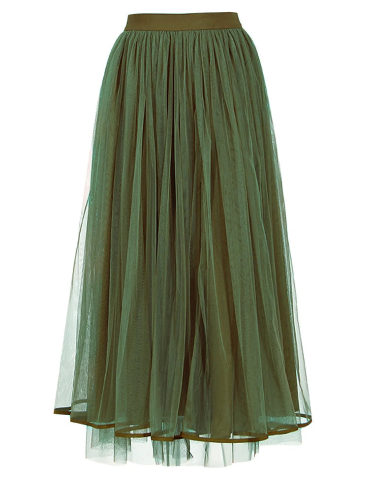 Elegant Olive Green Tulle Skirt with Elasticated Waist – Mid-Calf Length-SimpleModerne