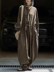 Industrial Wide-Leg Jumpsuit with Adjustable Waist - Coffee-SimpleModerne