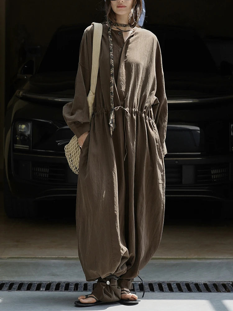 Industrial Wide-Leg Jumpsuit with Adjustable Waist - Coffee-SimpleModerne