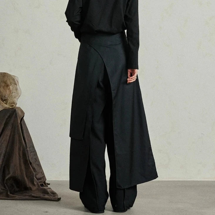 Casual Minimal Goth Irregular Overlay Trousers-SimpleModerne