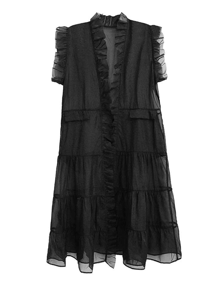 Sheer Gothic Layering Vest – Ruffled Organza Maxi Overlay in Black-SimpleModerne