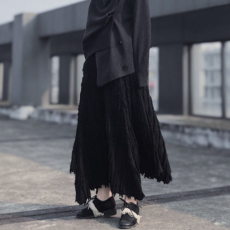 Casual Minimal Goth Pleated Design Maxi Skirt-SimpleModerne