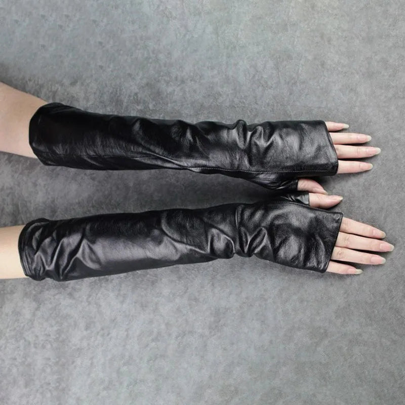 Minimalist Goth Fingerless Leather Gloves – Long Edge Arm Warmers-SimpleModerne