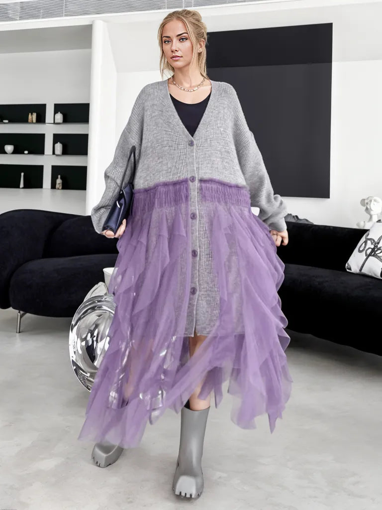 Chunky Oversized Gray Cardigan with Chic Purple Tulle Overlay – Gothic-Inspired Design-SimpleModerne