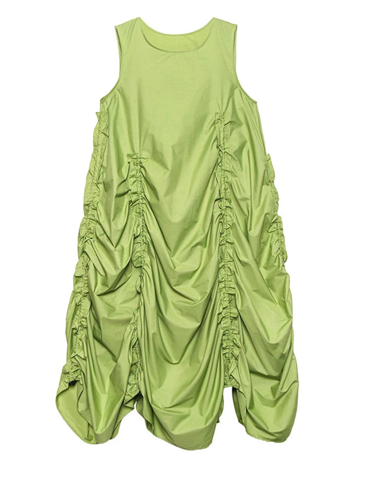 Minimalist Avant-Garde Draped Dress – Oversized Ruched Midi in Olive Green-SimpleModerne