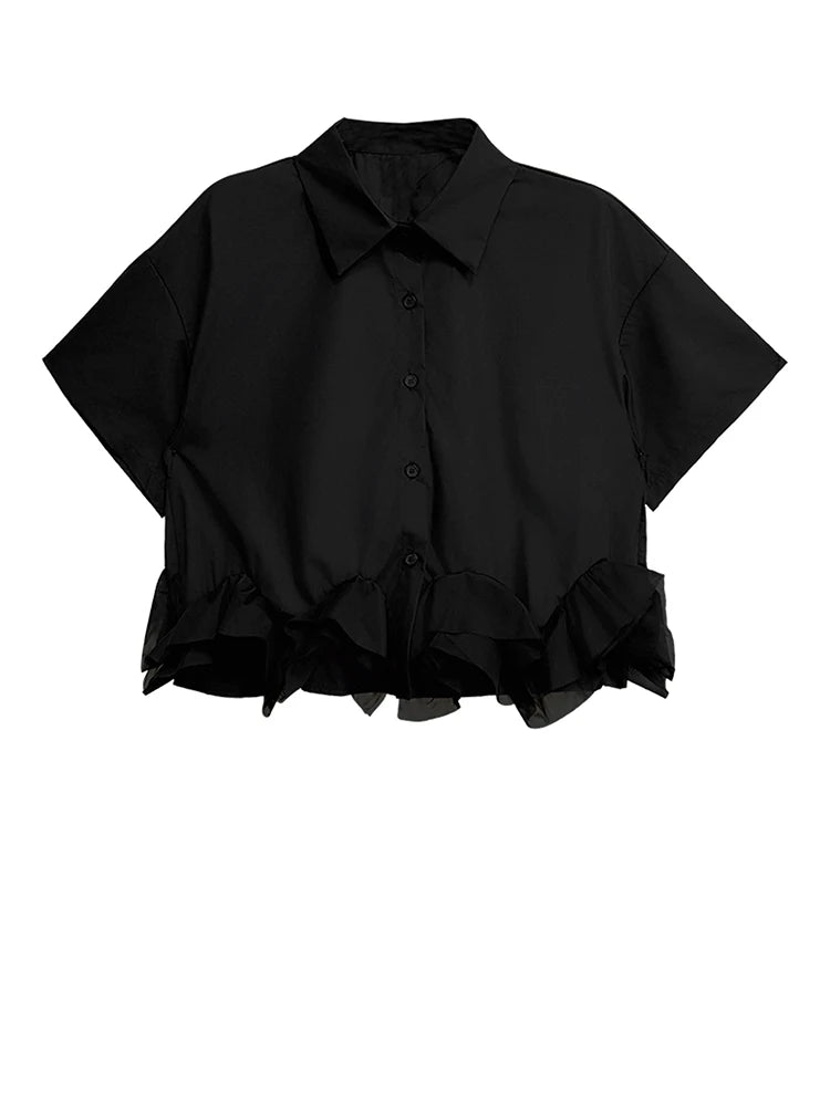 Minimalist Goth Ruffle Hem Shirt – Structured Casual Edge Top-SimpleModerne