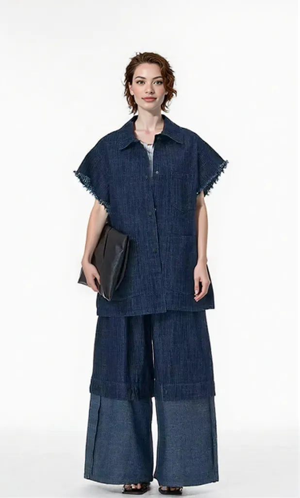 Oversized Frayed Sleeve Denim Shirt – Edgy Vintage Layer-SimpleModerne
