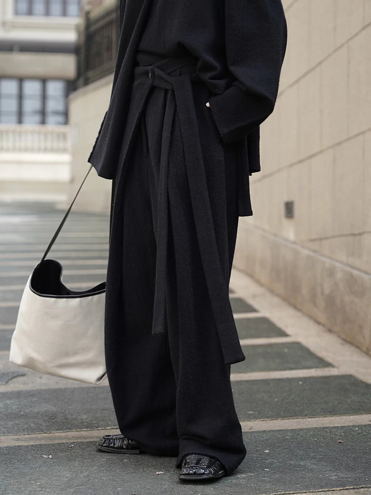 Asymmetrical Draped Black Trousers – Wide-Leg Knit Pants with Belted Detail