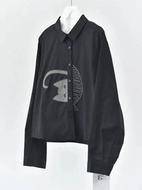 Simple Moderne Black Graphic Blouse – Minimal Cat Motif Button-Up Shirt-SimpleModerne